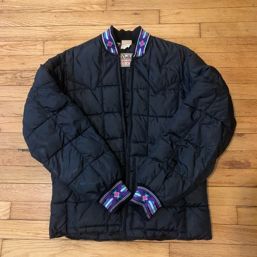 Vintage 80s Black Quilted Jacket with Funky, Colorful Patterned Trim